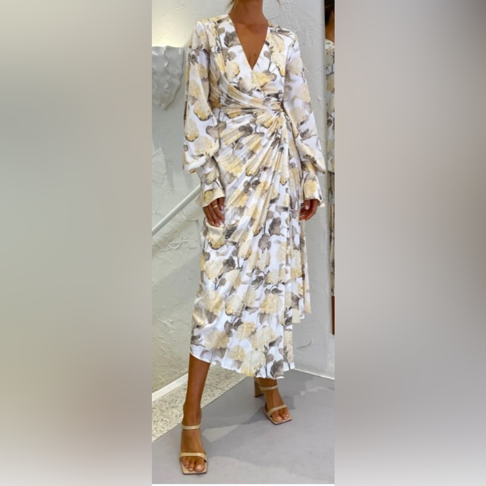 Acler Cream and Gray Floral Long Sleeve Dress